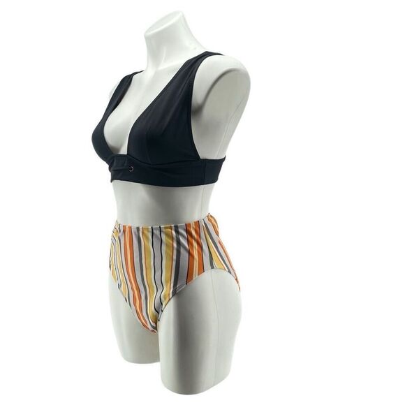 ASOS Swim Mix and Match High Waist Stripe Bottom with Black Bralette Top Size 8 - Picture 2 of 15
